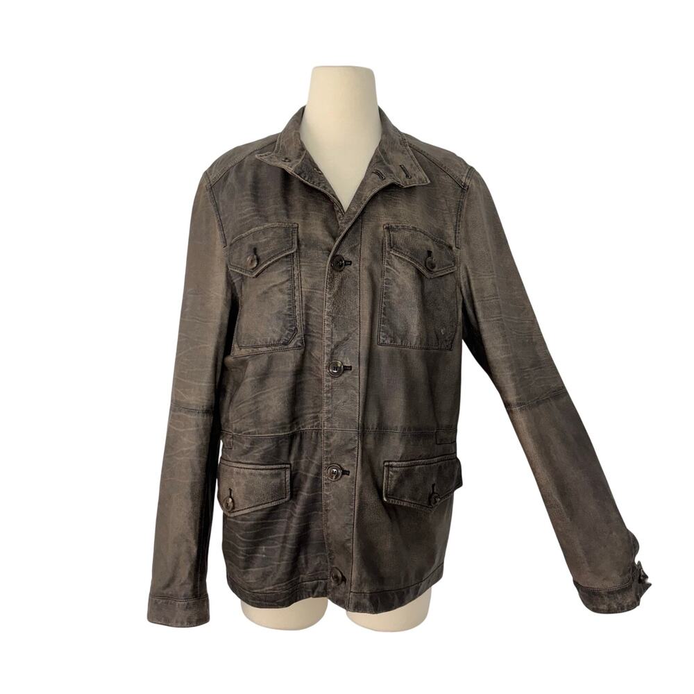 Tod's Distressed Stone Wash Field Leather Jacket Button-Down L Mens Multi Pocket